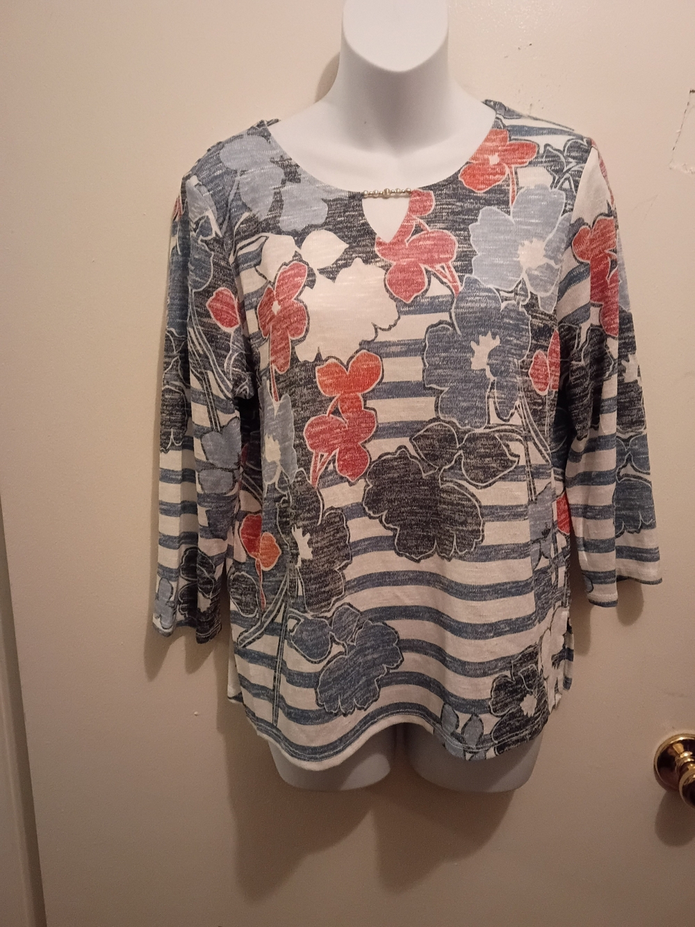 Alfred Dunner Blue, Red and White Floral-Stripe Scoop Neck Top